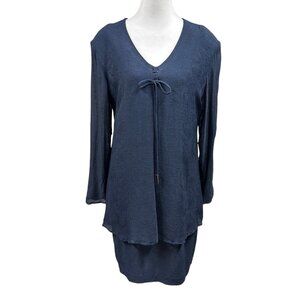 Vintage Liz Claiborne Textured Layered Long Sleeve Tie Career Dress Sz 14 Blue